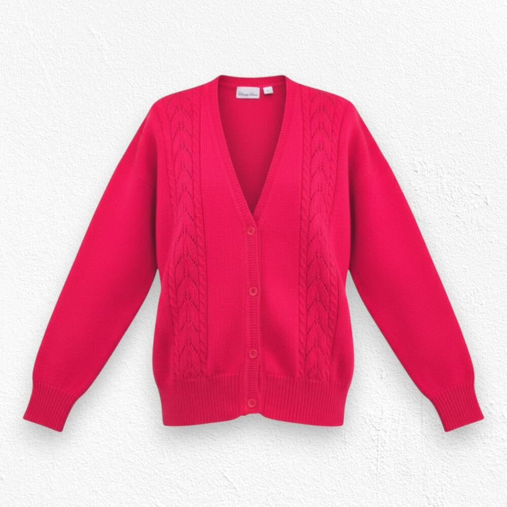 Y2K Bright Red Pointelle Cardigan Button Front Acrylic Knit Sweater Size Large